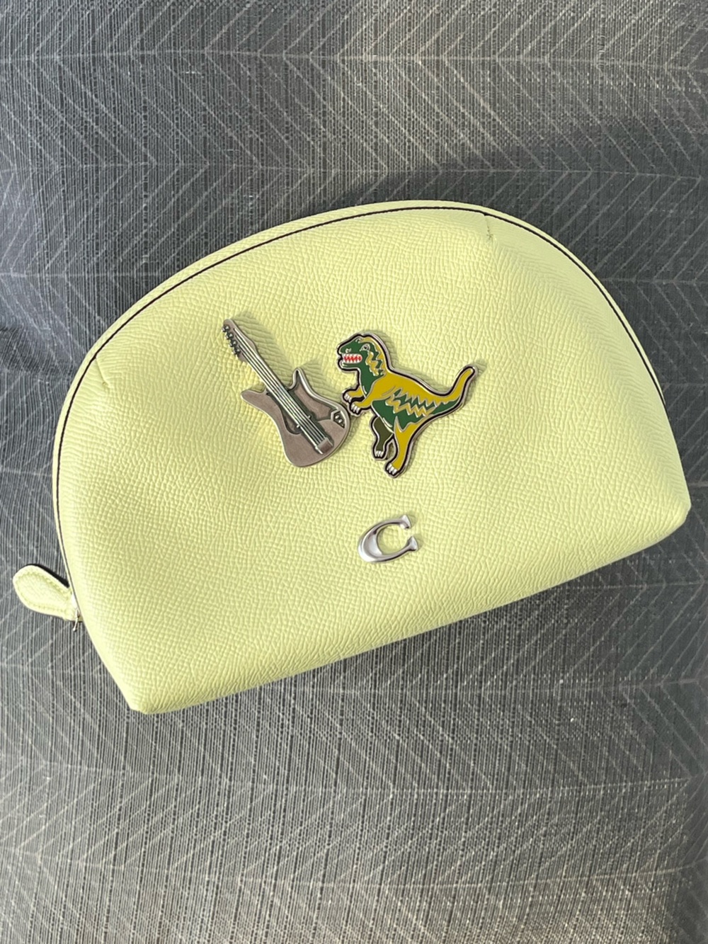 NWOT Coach Rexy Guitar Yellow Leather Zip Cosmetic Pouch with Rexy Enamel Accent